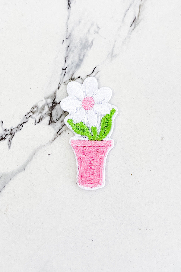 White Potted Daisy Embroidered Patch