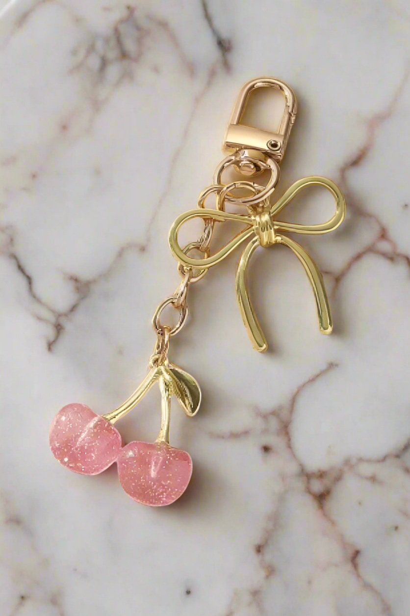 Pink Cherry with Gold Bow Purse Charm