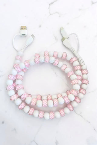 Updated Pink Gingham and White Beaded Charger