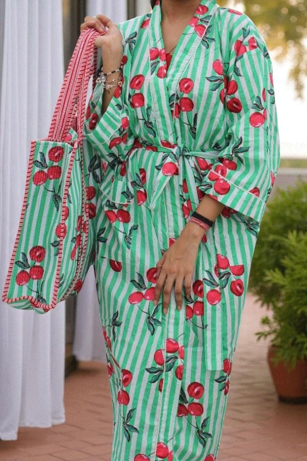ETA 10/28 - Piper Green Cherry Print Kimono Robe