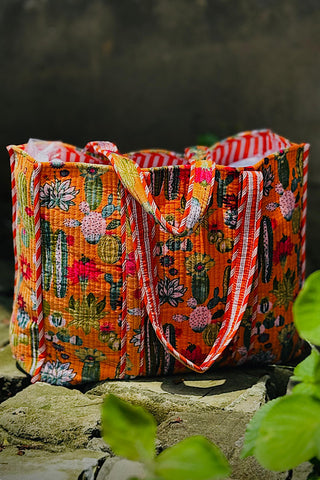 ETA 10/13 - Clementine Orange Velvet Cactus Print Tote Bag