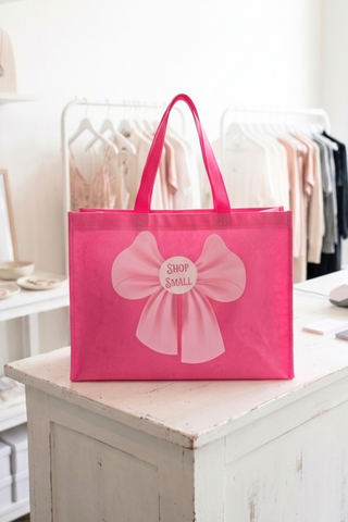 ETA 9/30-10/14 Shop Small Pink Bow Shopping Bag