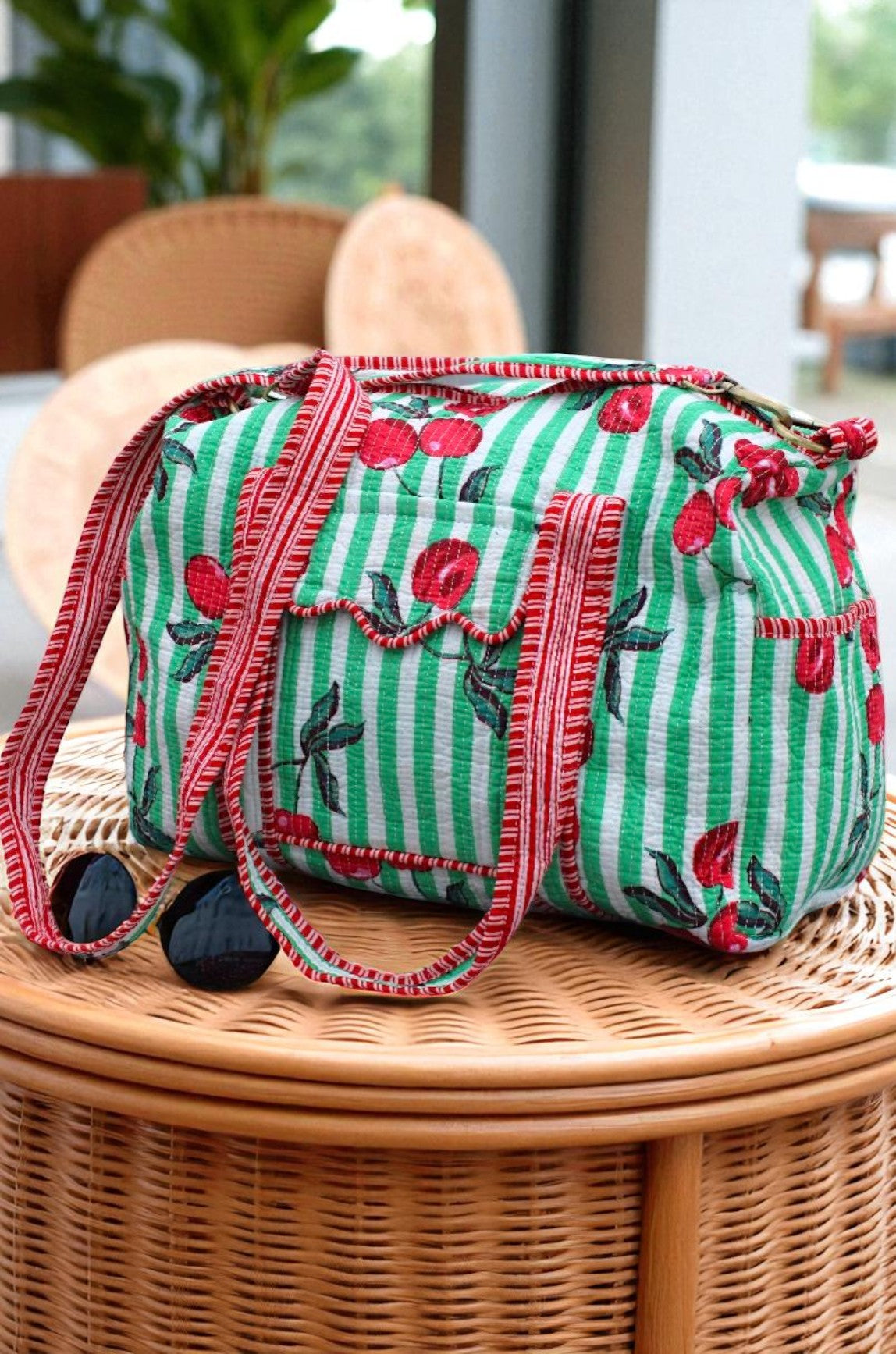 Campbell Green Striped Cherry Duffle Bag
