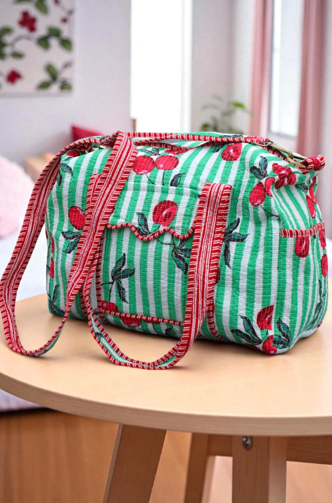 ETA 9/18 - Campbell Green Striped Cherry Duffle Bag