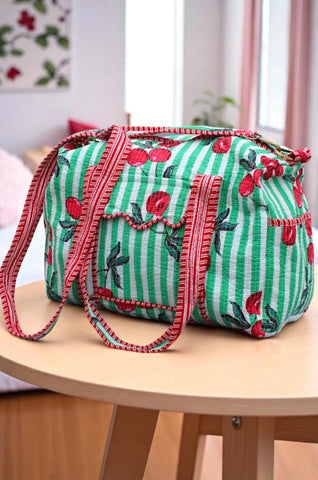 ETA 9/18 - Campbell Green Striped Cherry Duffle Bag