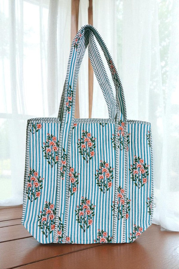 Cottage Garden Blue Striped Tote Bag