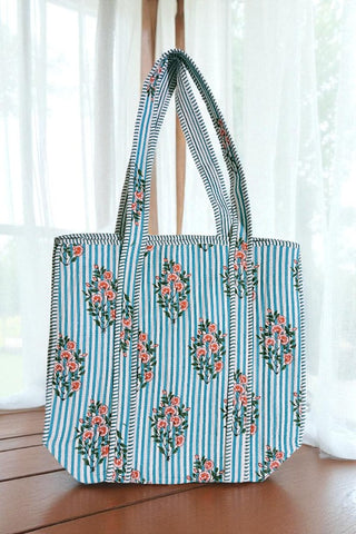 Cottage Garden Blue Striped Tote Bag