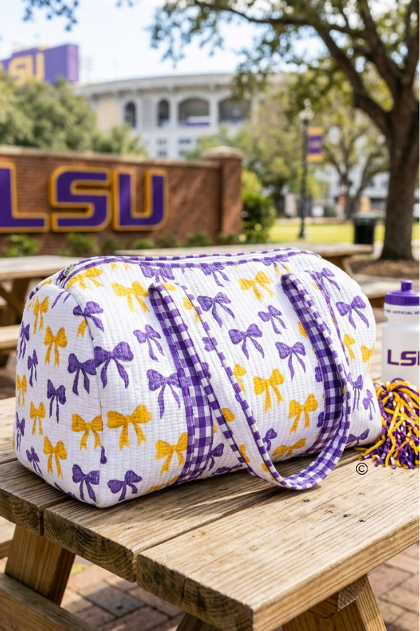 Sideline Social Purple and Yellow Bow Duffel Bag