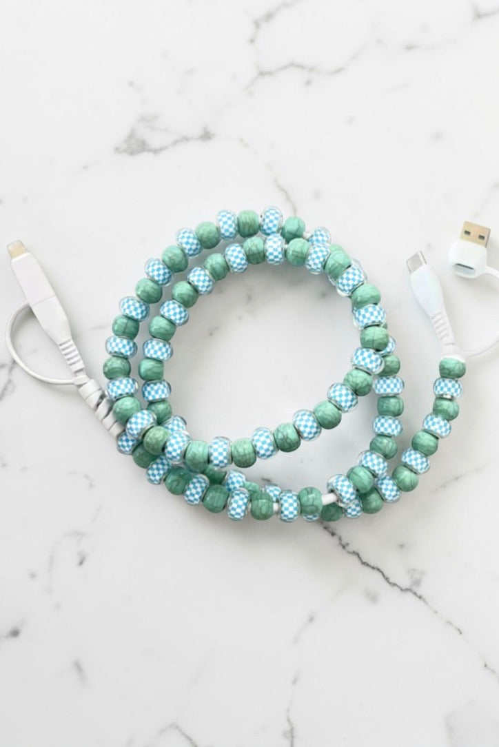 Updated Blue Gingham and Green Beaded Cord Charger