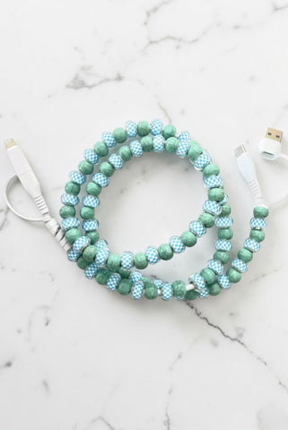 Updated Blue Gingham and Green Beaded Cord Charger