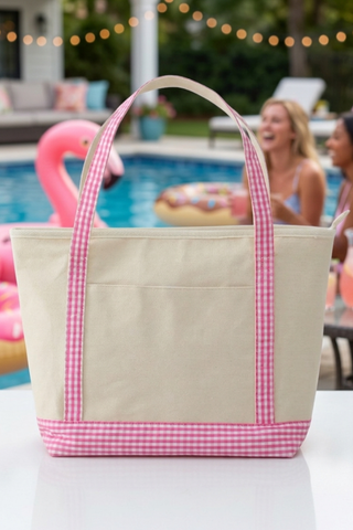 ETA 6/5 - Taylor Pink Gingham Canvas Tote Bag