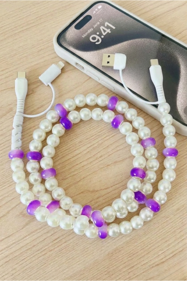 Purple and White Pearl Beaded Charging Cord