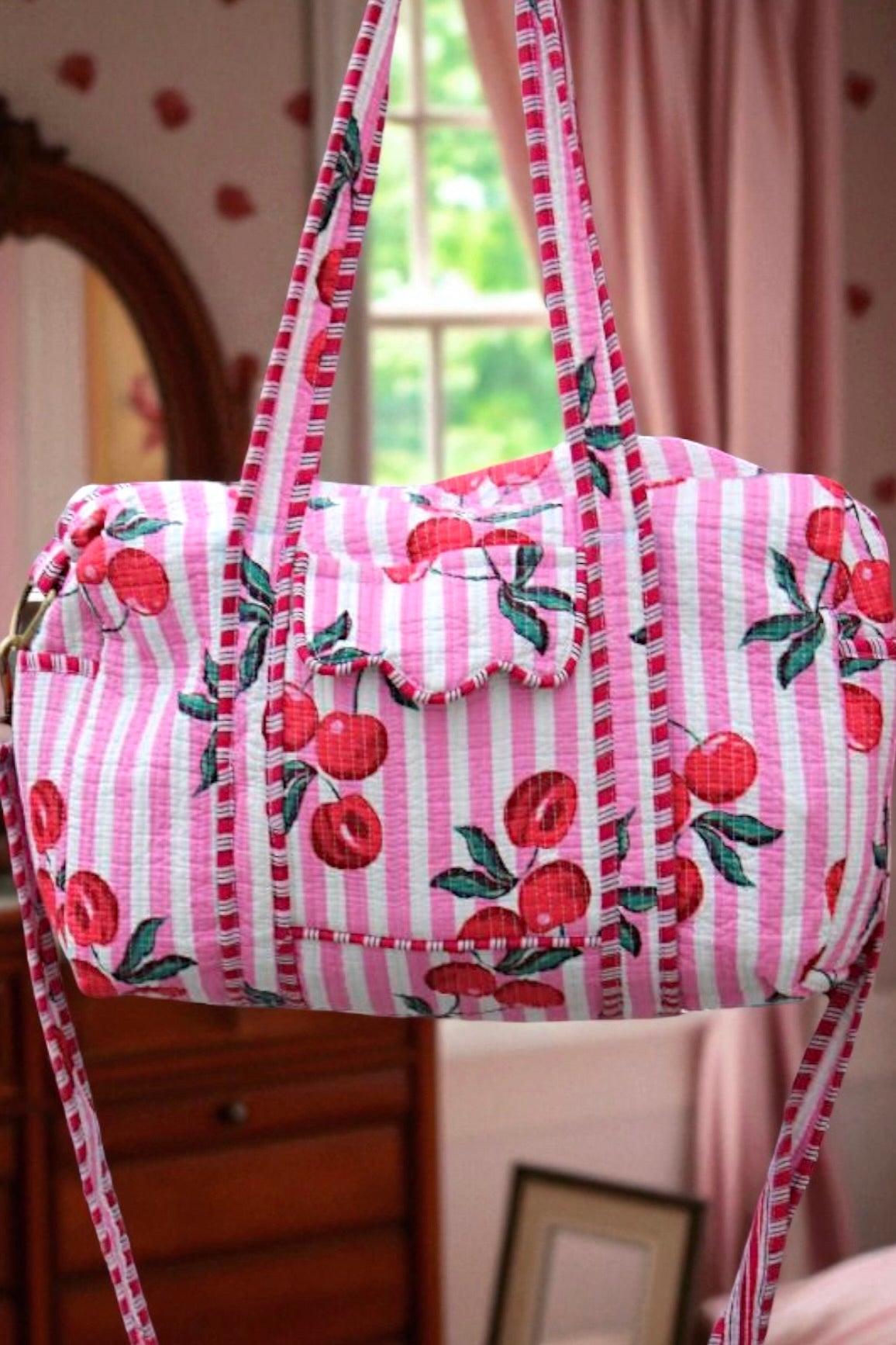 ETA 9/18 - Palmer Pink Striped Cherry Duffle Bag