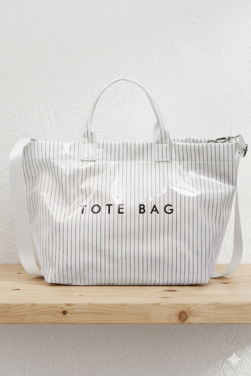 White Pinstripe Vinyl TOTE BAG with Strap