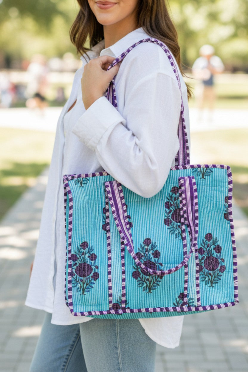 Aspen Blue and Purple Floral Tote Bag