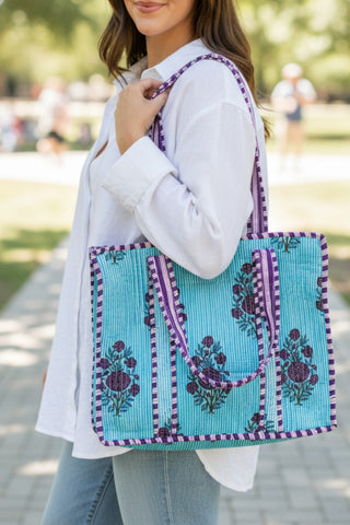 Aspen Blue and Purple Floral Tote Bag
