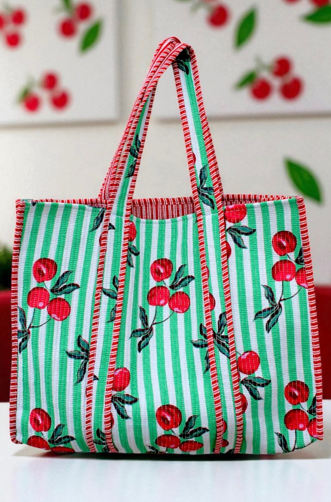 ETA 9/18 - Campbell Green Striped Cherry Tote Bag