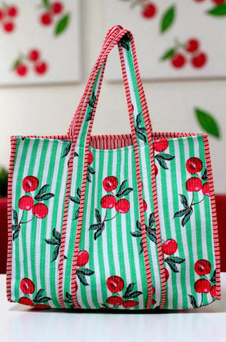 ETA 9/18 - Campbell Green Striped Cherry Tote Bag