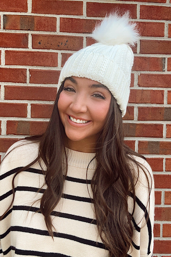 White Satin Lined Pom Beanie