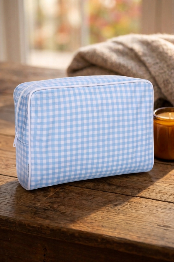 ETA 8/24-9/7 Eleanor Blue Gingham Clear Coat Cosmetic Bag