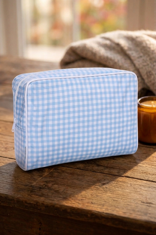 ETA 8/24-9/7 Eleanor Blue Gingham Clear Coat Cosmetic Bag