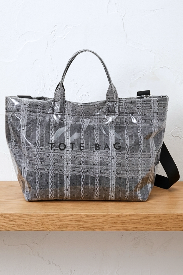 ETA 7/2 - Gray Plaid Polka Dot Vinyl TOTE BAG with Strap