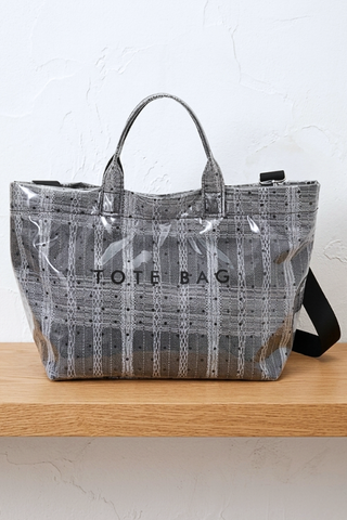 ETA 7/2 - Gray Plaid Polka Dot Vinyl TOTE BAG with Strap