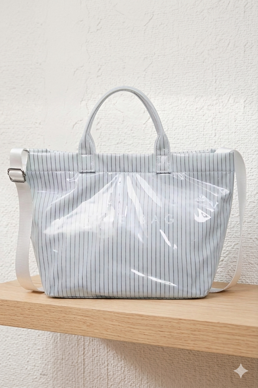 Blue Pinstripe Vinyl TOTE BAG with Strap