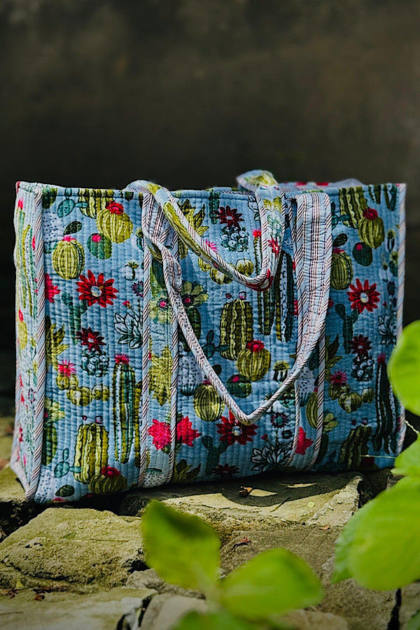 ETA 10/13 - Wynn Light Blue Velvet Cactus Print Tote Bag