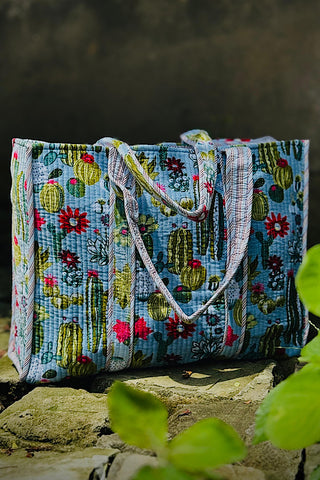 ETA 10/13 - Wynn Light Blue Velvet Cactus Print Tote Bag