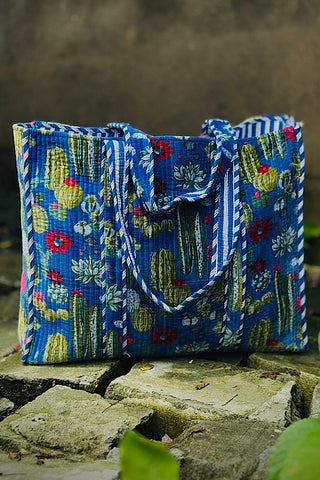 ETA 10/13 - Boone Blue Velvet Cactus Print Tote Bag