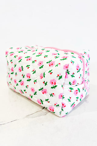 White and Pink Floral Makeup Bag