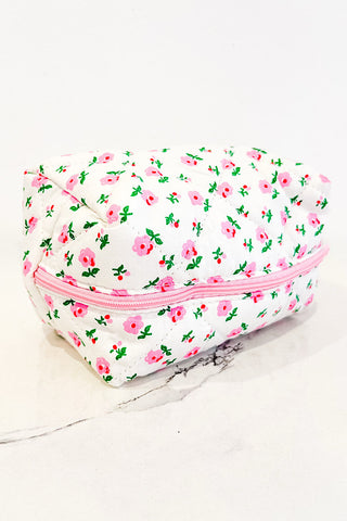 White and Pink Floral Makeup Bag