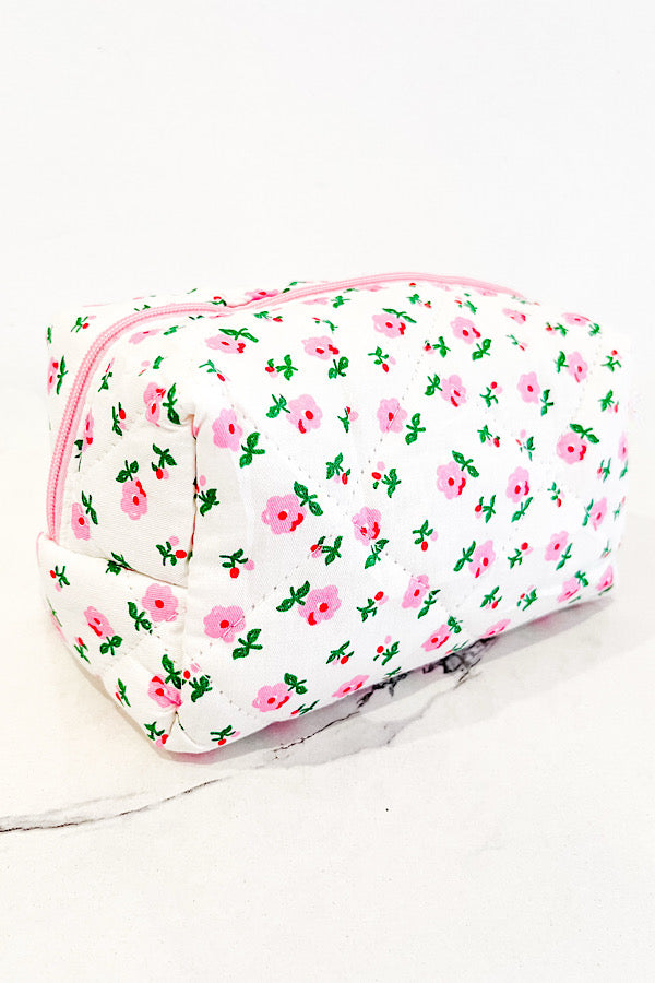 White and Pink Floral Makeup Bag