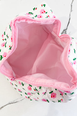 White and Pink Floral Makeup Bag