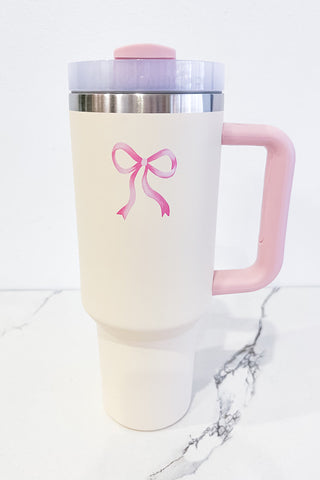 40 oz Cream with Pink Bow Tumbler