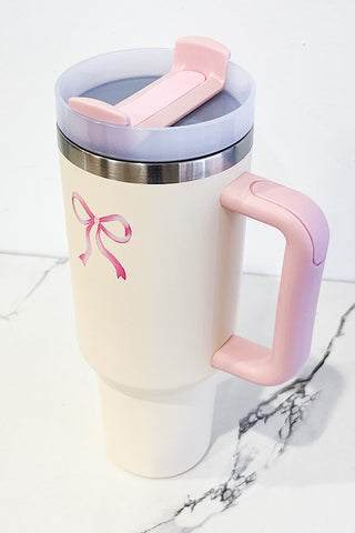 40 oz Cream with Pink Bow Tumbler