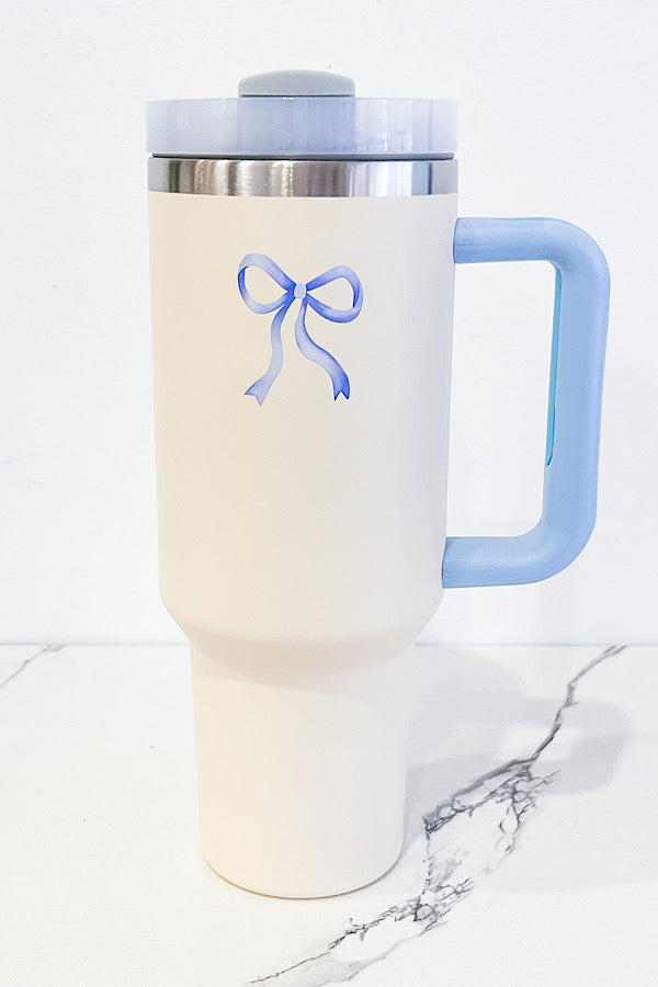 40 oz Cream with Blue Bow Tumbler