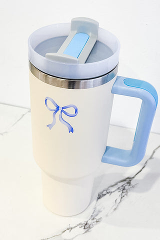 40 oz Cream with Blue Bow Tumbler