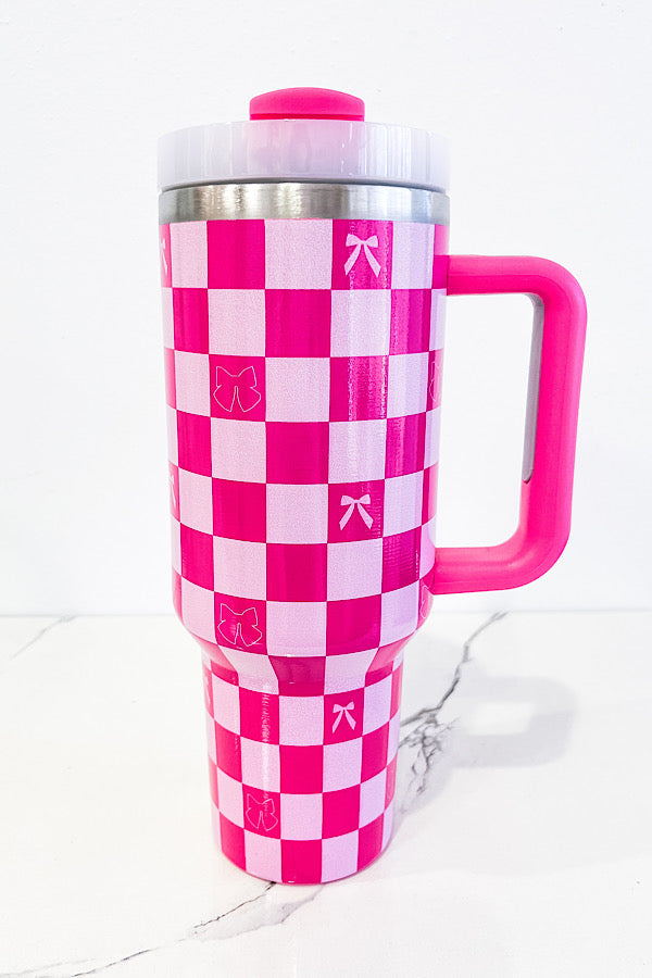 40 oz Hot Pink Check with Bows Tumbler