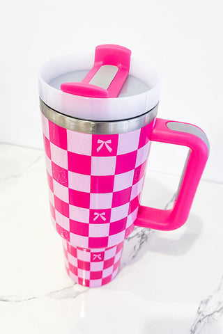 40 oz Hot Pink Check with Bows Tumbler