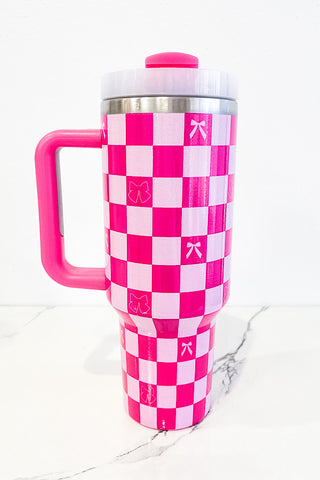 40 oz Hot Pink Check with Bows Tumbler