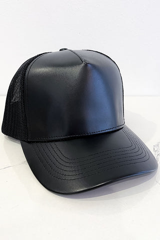 Black Faux Leather Trucker Hat