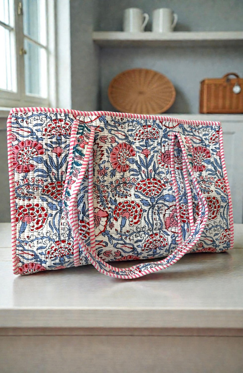 ETA 7/30-8/13 Millie Blue and Pink Floral Tote Bag