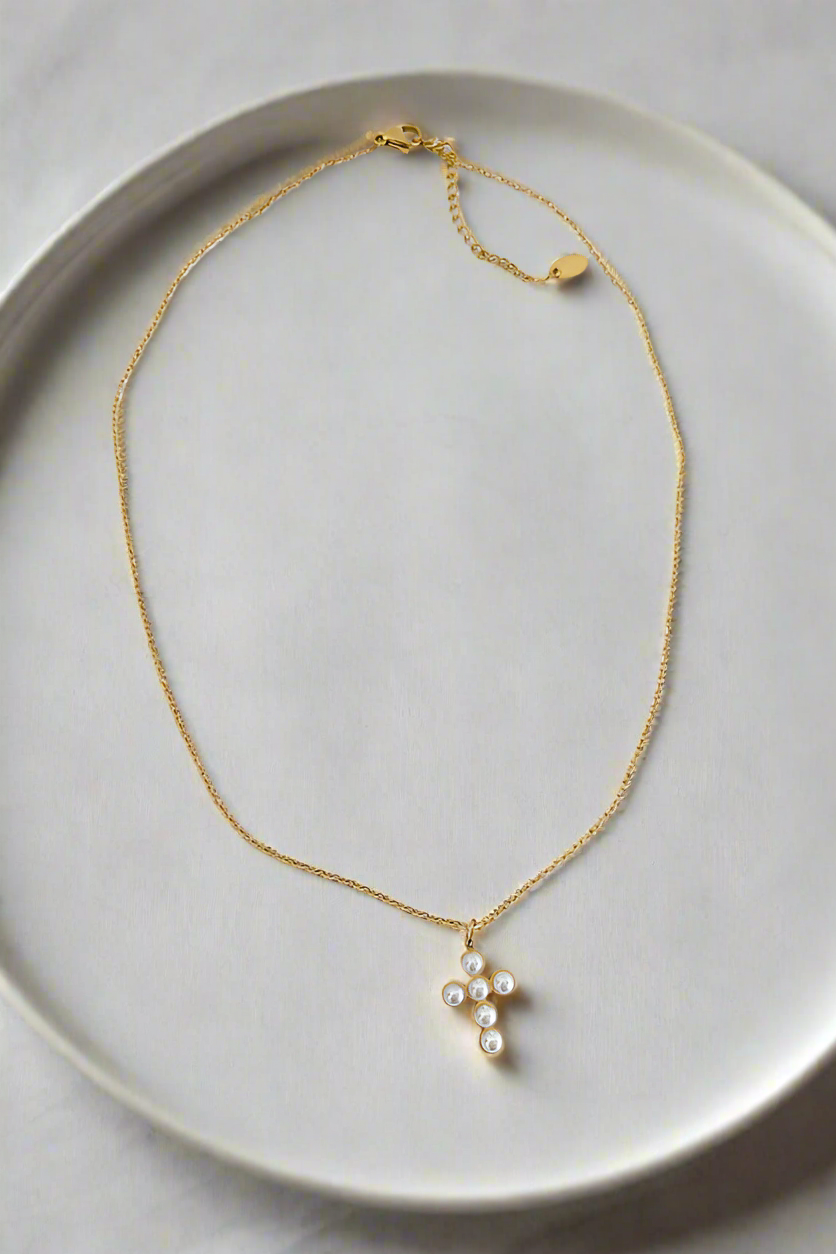 Candace Gold Pearl Cross Necklace