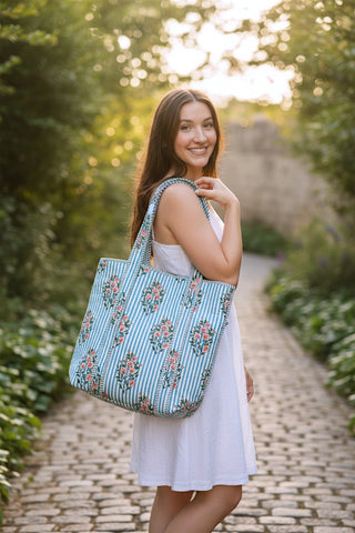Cottage Garden Blue Striped Tote Bag