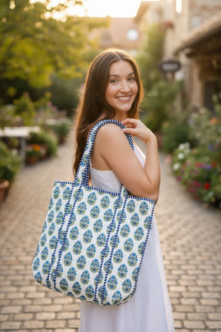 Emma Blue and White Floral Tote Bag